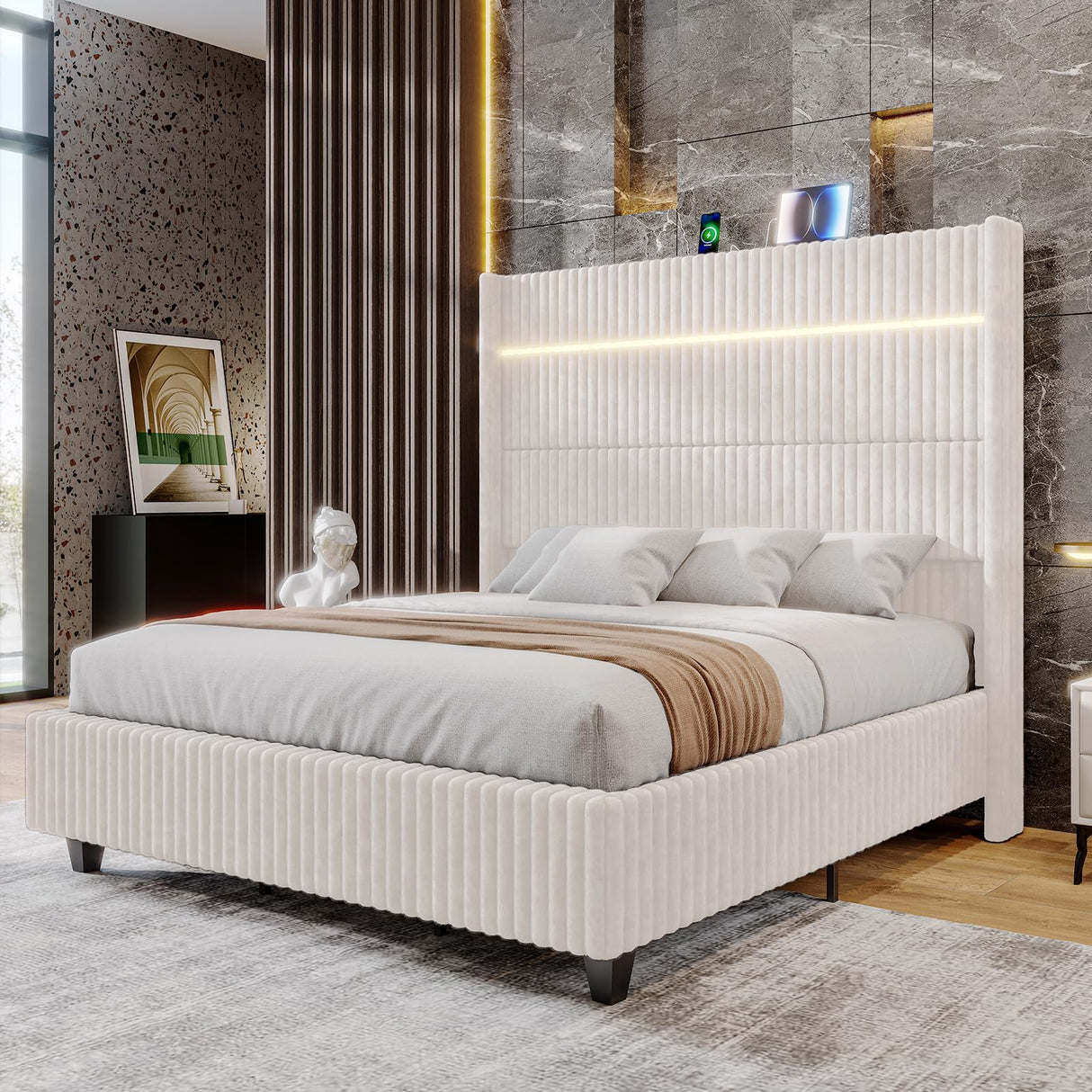 Jocisland 60" Tall King Bed Frame with LED Lights, Corduroy Upholstered Platform Bed Frame with Wingback Headboard and Charging Station/No Box Spring Needed/White Jocisland