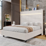 Jocisland 60" Tall King Bed Frame with LED Lights, Corduroy Upholstered Platform Bed Frame with Wingback Headboard and Charging Station/No Box Spring Needed/White Jocisland