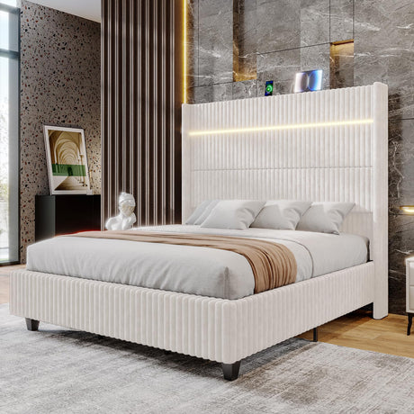 Jocisland 60" Tall King Bed Frame with LED Lights, Corduroy Upholstered Platform Bed Frame with Wingback Headboard and Charging Station/No Box Spring Needed/White Jocisland
