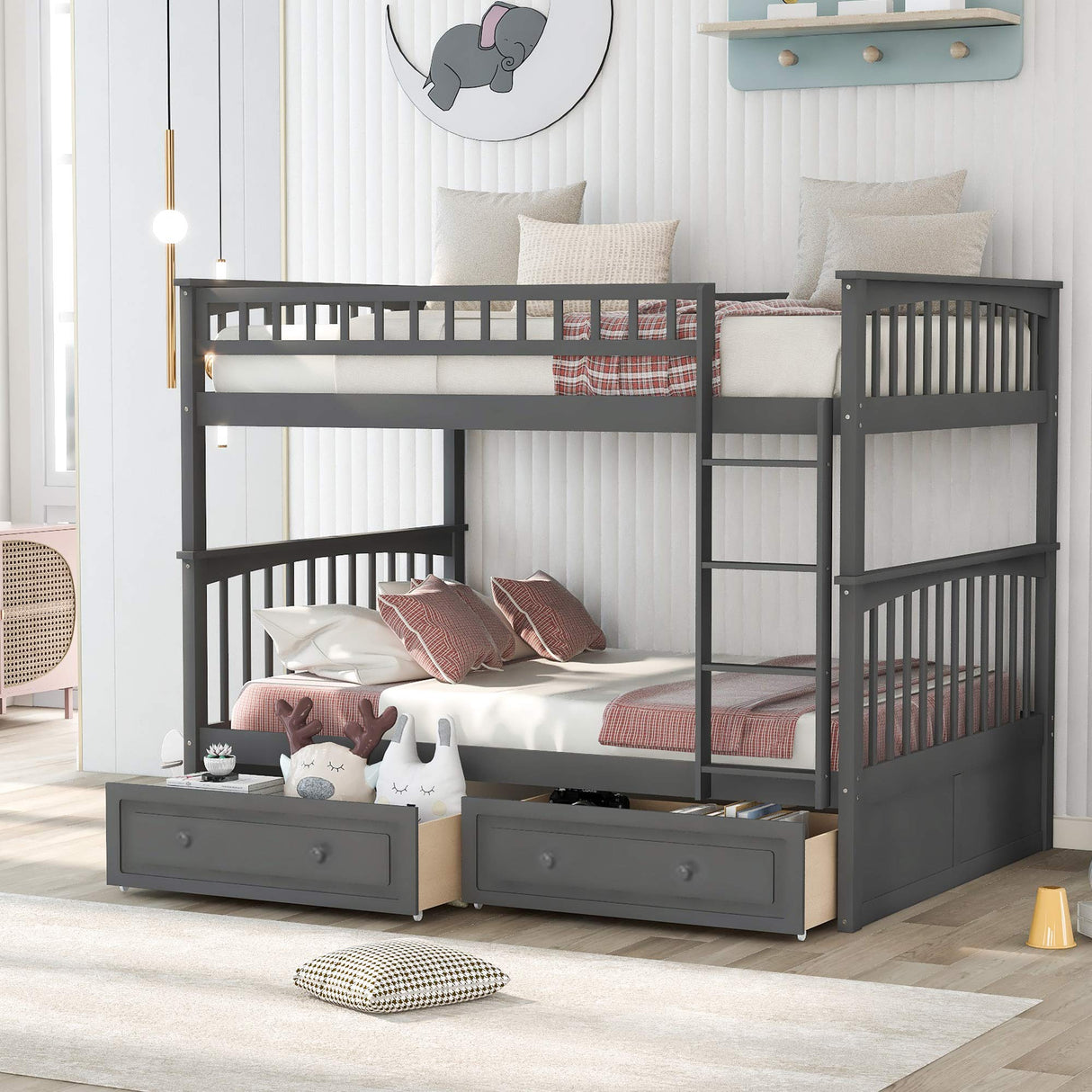 FAROUCHE Full Over Full Bunk Bed with 2 Storage Drawers, Sturdy Solid Wood Bunk Bed Frame with Ladder and Guardrails, Can be Convertible into 2 Platform Bed, Easy Assembly, Grey FAROUCHE