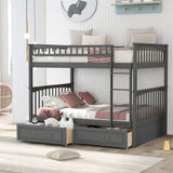 FAROUCHE Full Over Full Bunk Bed with 2 Storage Drawers, Sturdy Solid Wood Bunk Bed Frame with Ladder and Guardrails, Can be Convertible into 2 Platform Bed, Easy Assembly, Grey FAROUCHE
