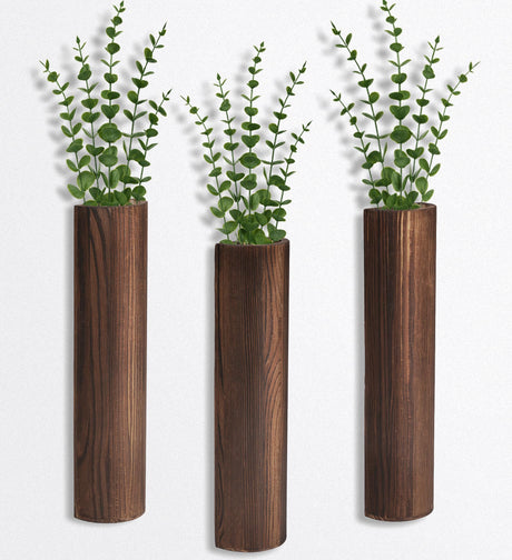 Fttoyoly 3 Pack Wood Wall Planter with Artificial Eucalyptus, Modern Wall Decor for Living Room Bedroom Bathroom Entryway, Farmhouse Boho Wall Vases for Dried Flowers and Faux Plants Fttoyoly