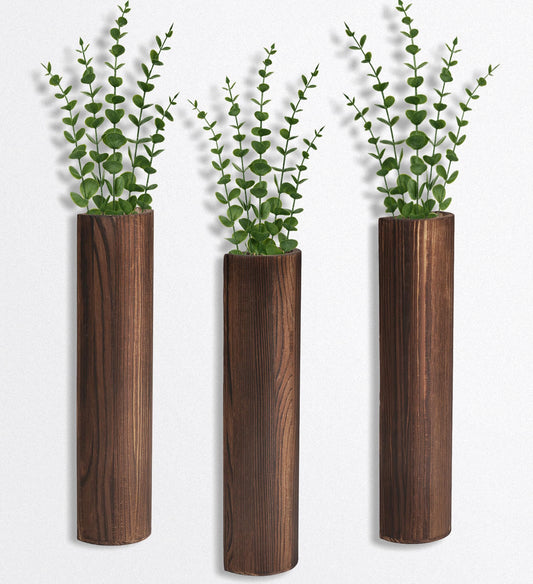 Fttoyoly 3 Pack Wood Wall Planter with Artificial Eucalyptus, Modern Wall Decor for Living Room Bedroom Bathroom Entryway, Farmhouse Boho Wall Vases for Dried Flowers and Faux Plants - WoodArtSupply