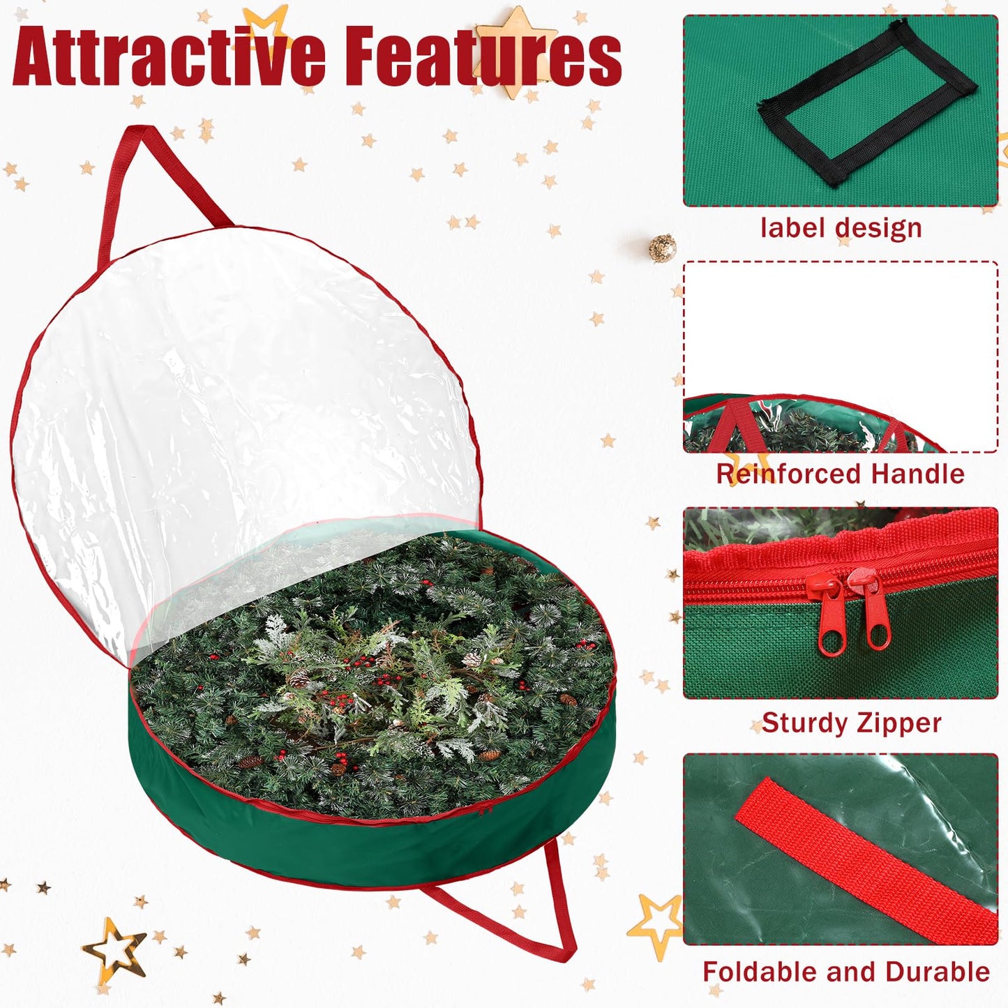 Abbylike 2 Pcs 48'' Christmas Wreath Storage Container Xmas Extra Large Zippered Wreath Storage Bag with Handles and Clear Window Jumbo Garland Wreath Box Holiday 600d Oxford Wreath Bag (Green)