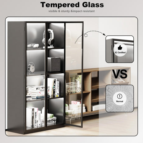 Kelueo Display Cabinet with Glass Doors,Tall Glass Display Cabinet with LED Lights,Display Cabinets for Collectibles with 3 Adjustable Shelves for Living Room,Bedroom,Office Assemble Required Kelueo