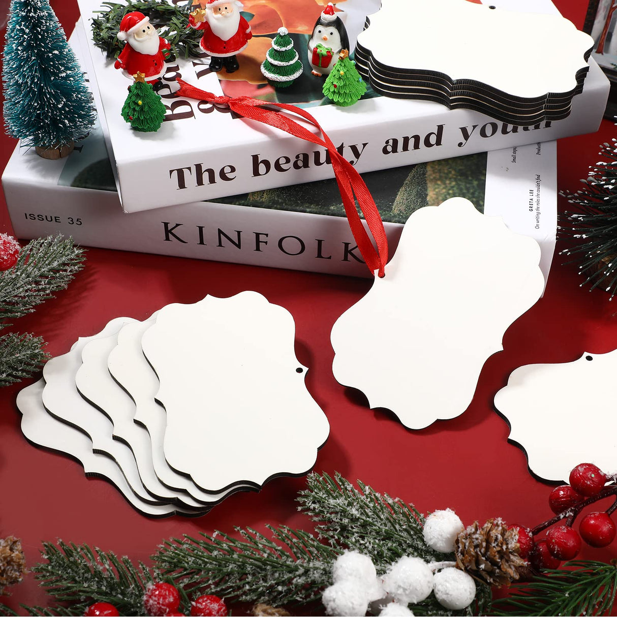 32 Pieces Christmas Sublimation Ornament Blanks Hanging Sublimation MDF Personalized Blank Ornament Double Side Sublimation Blanks Pendants with Ropes for Christmas DIY Craft Wedding Party Home Decor Maitys