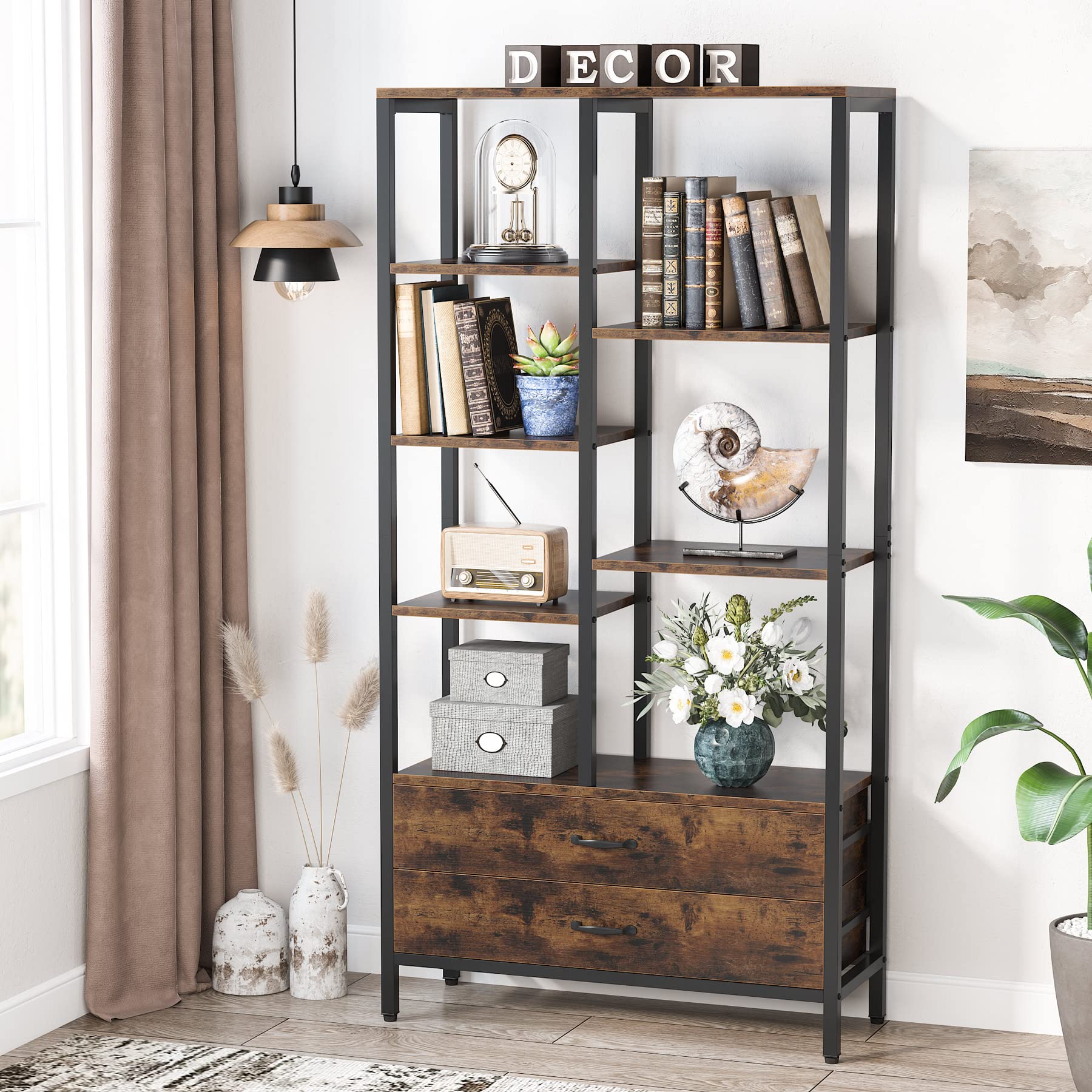 Modern Tall 5-Tier Bookshelf with Drawers by Tribesigns - Brown & Black Etagere Display Rack - WoodArtSupply