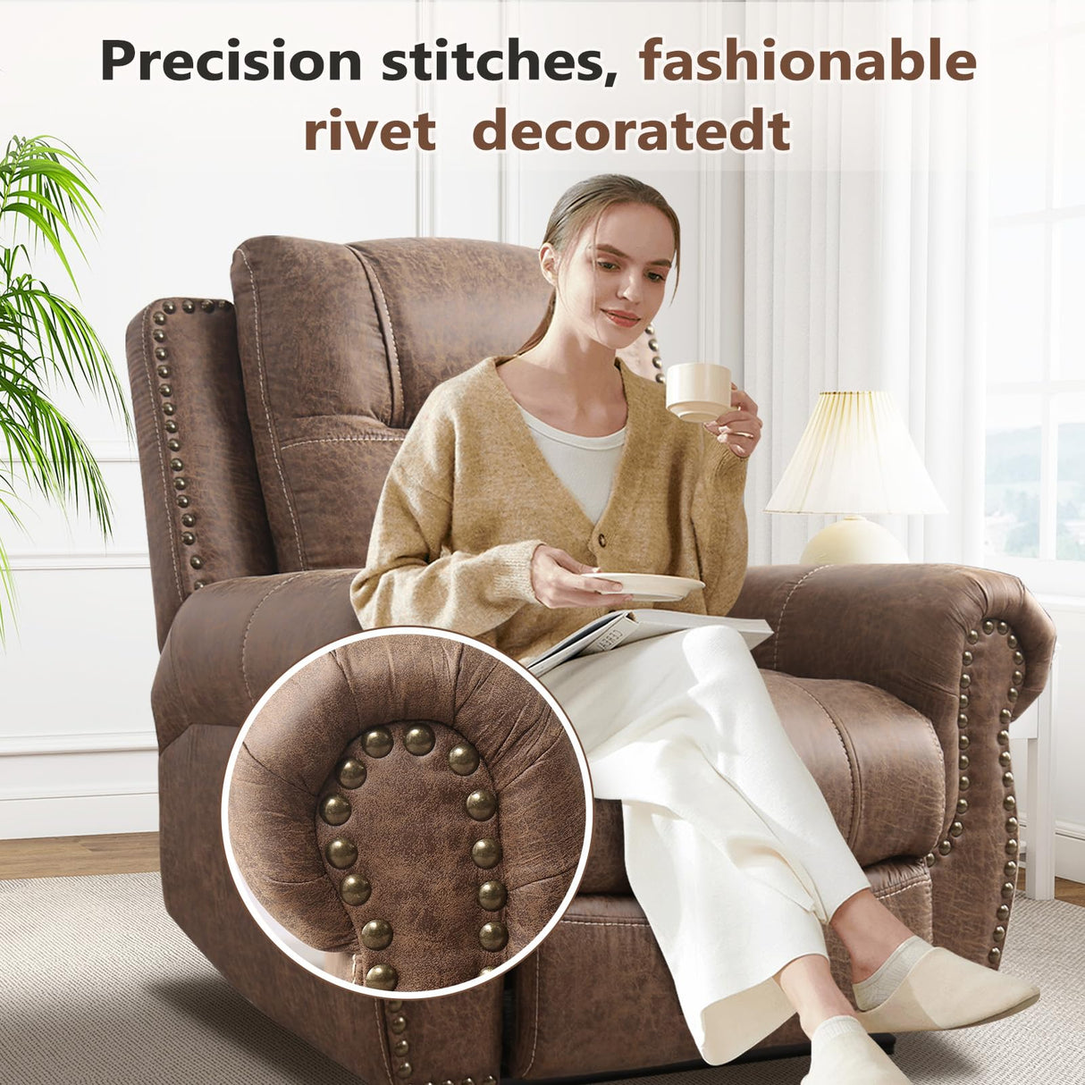 ANJ Electric Power Recliner Chair with USB Ports, Breathable Faux Leather Oversized Recliner with Comfortable Arms, Back and Headrest, Single Sofa for Living Room, Nut Brown ANJ