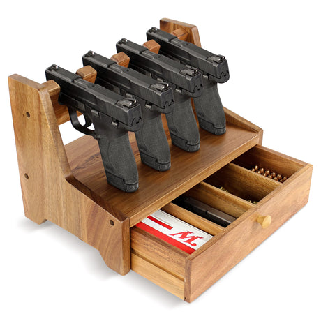 Tactical45 Pistol Rack for Gun Safe Shelf - 4 Slot Wooden Handgun Rack with Divided Ammo Drawer - Revolver and Firearm Accessories Organizer - Bedside Gun Holder for Nightstand or Desktop Tactical45