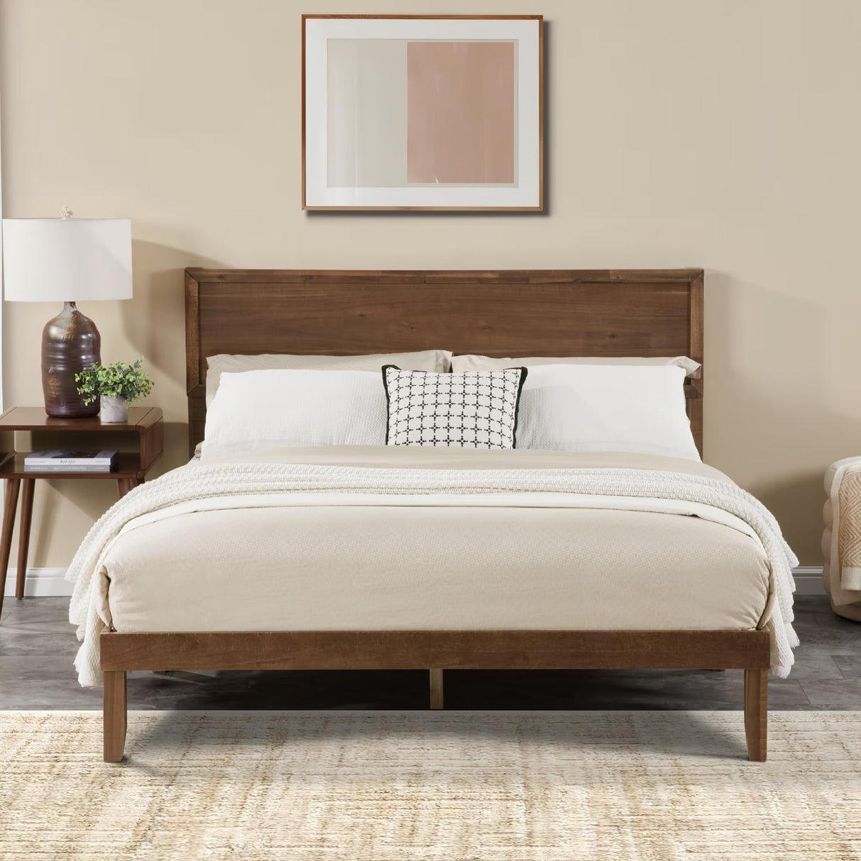 Krinana Wood Queen Size Bed Frame, Mid Century Modern Platform Bed with Headboard, Wooden Slat Support, No Box Spring Needed, Easy Assembly (Brown, Queen) Krinana