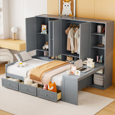NCKMYB Queen Size Wall Murphy Bed with Desk & Storage, Space-Saving Fold-Down Bed with Shelves & Top Cabinet (Gray, Queen)