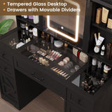 HAUOMS Vanity Desk with Sliding Mirror & LED Lights, Glass Top Farmhouse Makeup Vanity Table with Power Outlet, Rustic Dressing Table, Wood-Grain Black HAUOMS