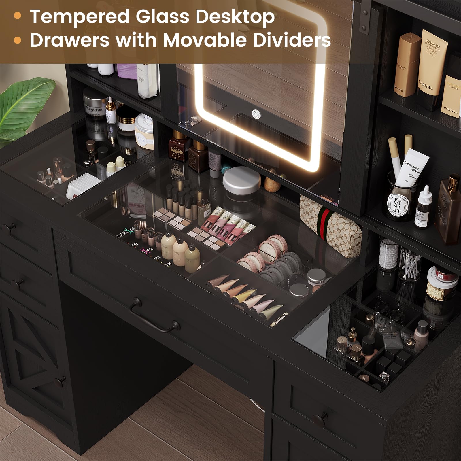 HAUOMS Vanity Desk with Sliding Mirror & LED Lights, Glass Top Farmhouse Makeup Vanity Table with Power Outlet, Rustic Dressing Table, Wood-Grain Black - WoodArtSupply