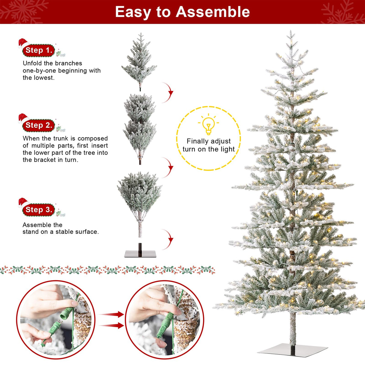 Glitzhome 8ft Deluxe Pre-Lit Flocked Fir Artificial Christmas Tree, Hinged Holiday Xmas Tree with 450 Warm White Lights, Three Function, Easy Assembly Glitzhome