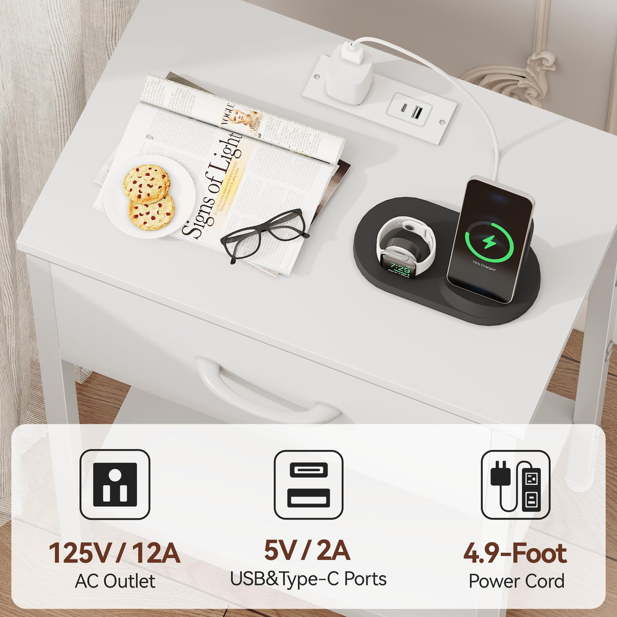 Vagusicc White Nightstand Set of 2 with Charging Station, Bed Side Table with Fabric Drawer, Small End Table with 2-Tier Storage Shelves, 25.4" Tall Bedside Table, Night Stand for Bedroom, Living Room Vagusicc