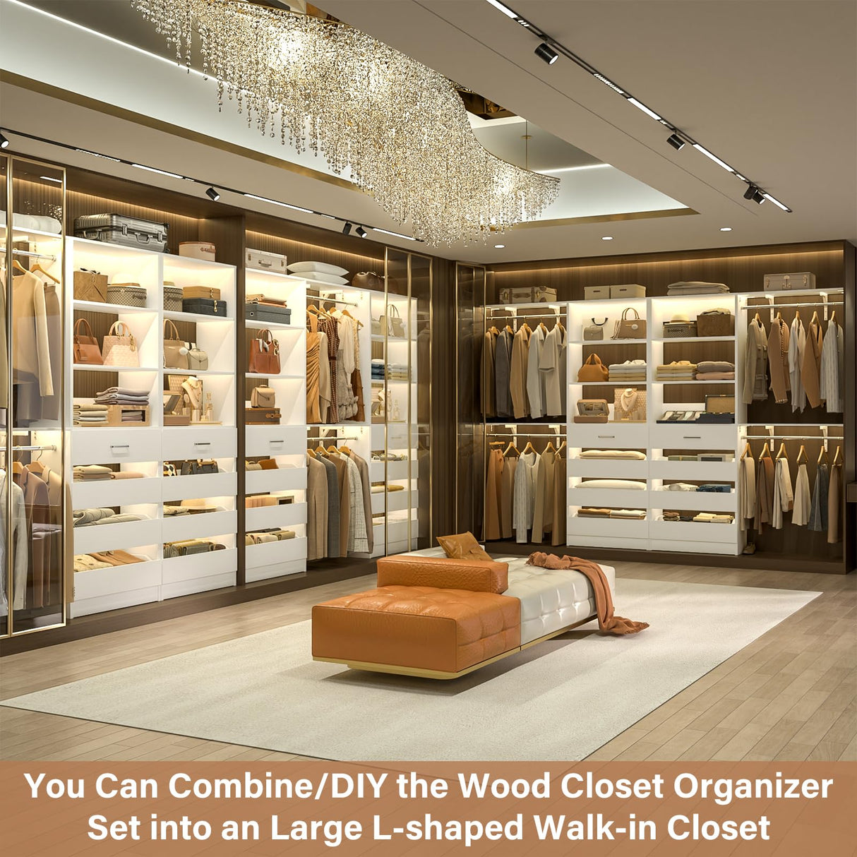 Aheaplus Closet System with 8 Wooden Drawers, Wood Closet Organizer System with Tower, Walk-in Closet Organizer Wardrobe Clothes Rack with 4 Hanging Rods, Garment Rack, Cut to Fit 7-12Ft, White Aheaplus