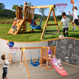 Toddler Swing and Slide Set for Backyard，Wooden 6 in 1 Playground Sets with Baby Swing, Toddler Slide, Rock Climber, Basketball Hoop, Football Net, Telescope,Outdoor Playset for Ages 18 Mon to 3 yrs SuniBoxi