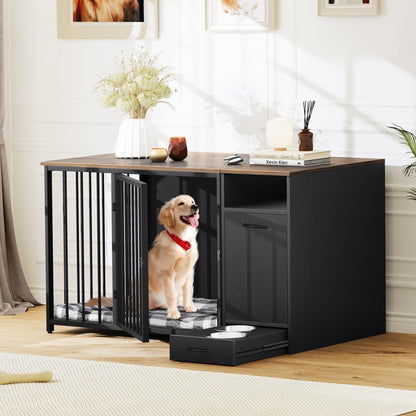 YITAHOME Dog Crate Furniture with Feeder Bowls, 55" Large Breed Dog Kennel with Storage Drawer, Heavy Duty Dog House TV Stand Indoor for Medium Dogs, Black