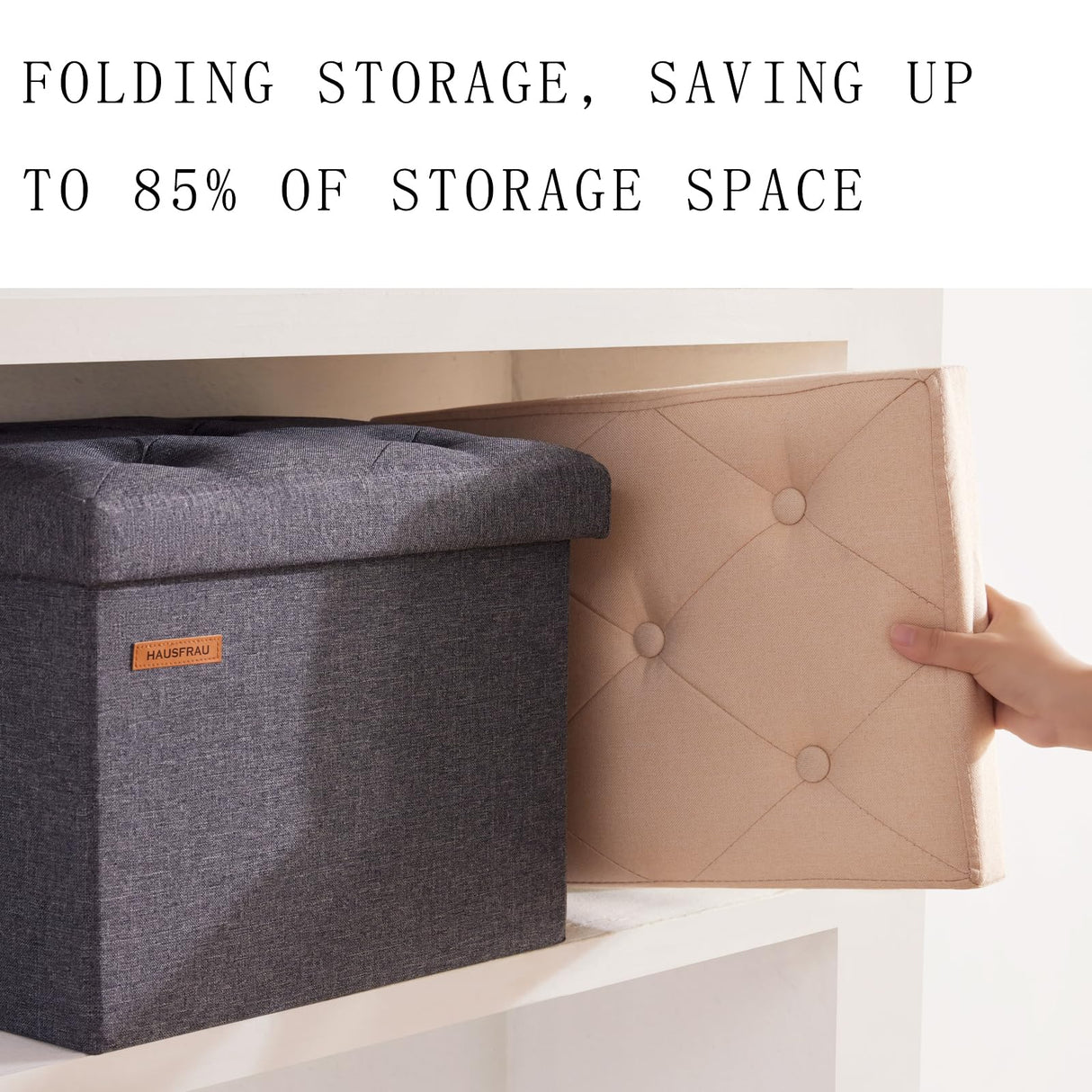 HAUSFRAU Storage Ottoman Foot Rest Stool, Small Folding Ottoman with Storage, Tufted Square Cube Footrest, Linen Beige HAUSFRAU