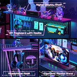 Gaming Computer Desk with Power Outlets, Gaming Desk with Hutch and LED Lights, Reversible PC Gaming Desk with Pegboard, Carbon Fiber Black, 47" armocity