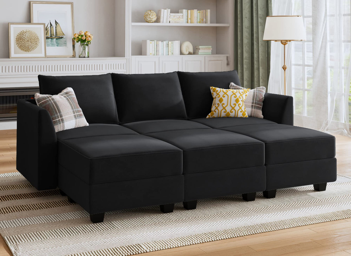 HONBAY Modular Sofa Sectional Sleeper Couch with Ottoman Velvet 6 Seater Sofa with Storage Seat Convertible Sectional Sofa Couch Set for Living Room, Black