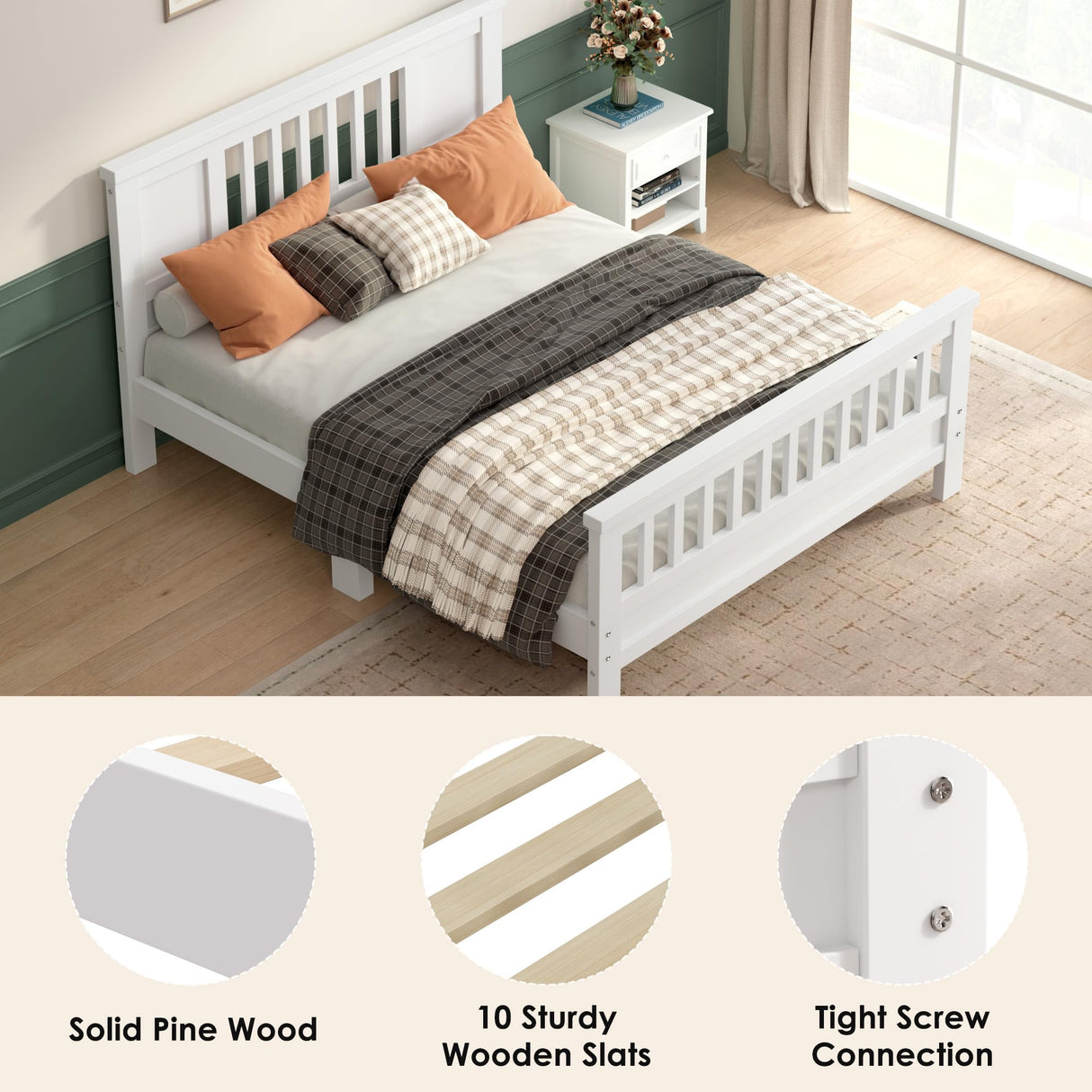 soges Full Bed with Headboard, Solid Wood Platform Bed for Teens Adults, Twin Size Bed Frame with Wood Slats Support, No Box Spring Needed, White soges
