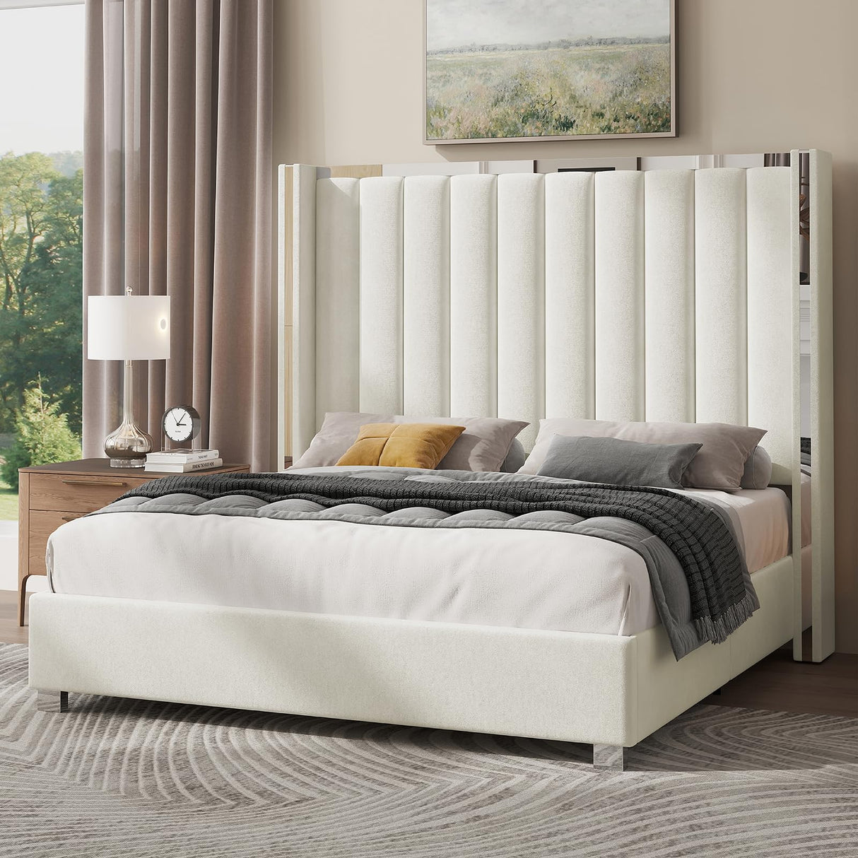 Jocisland Queen Size Bed Frame with 58" Tall Headboard, Platform Velvet Upholstered Bed with Channel Tufted Wingback Headboard and Plating Trim, No Box Spring Needed, White Cream Jocisland
