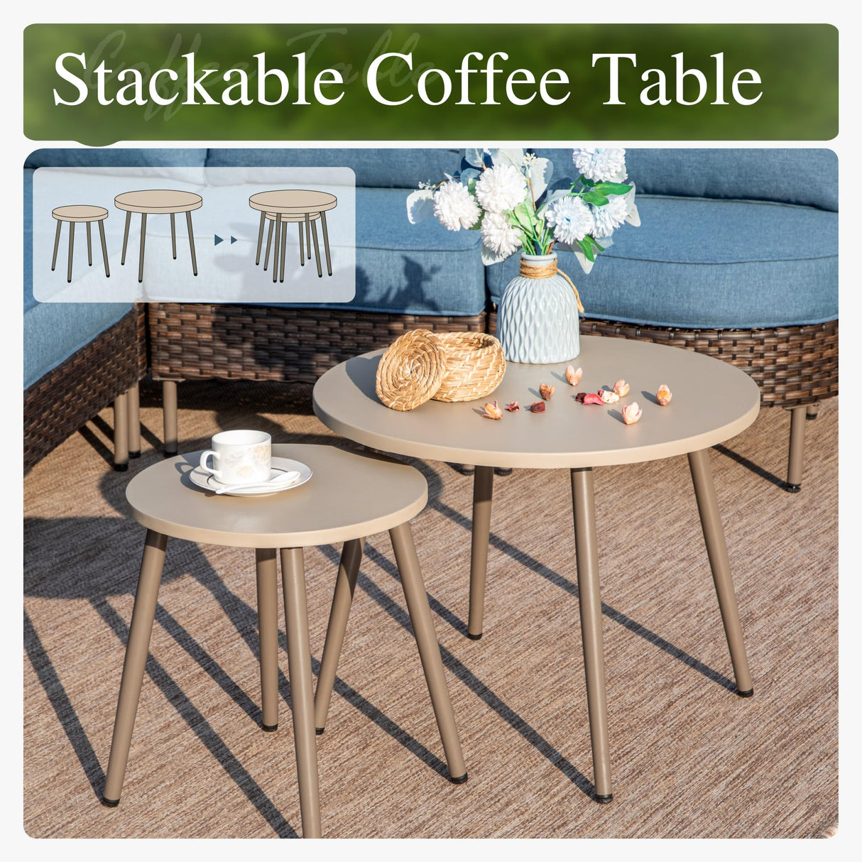 Sophia & William Wicker Patio Furniture Set, Curved Outdoor Sofa 4 Seats Conversation Set with Coffee Table, L-Shaped Outdoor Sectional for Backyard, Porch, Blue Sophia & William