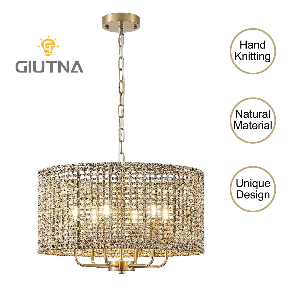 Giutna 20" Rattan Hand-Woven Boho Chandelier for Dining Room, 6-Light Rattan Drum Wicker Farmhouse Chandelier Large Vintage Chandelier Pendant Light Fixture for Kitchen Island Entryway(Gold) Giutna