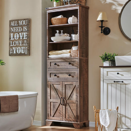 ACCOHOHO Farmhouse Bathroom Cabinet, 72" Tall Storage Cabinet with 2 Drawers, Adjustable Shelves & Barn Door, Cabinets for Bathroom, Living Room, Kitchen, Rustic Brown ACCOHOHO