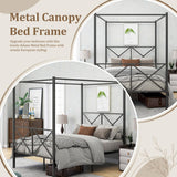 Full Canopy Bed Frame, Metal Canopy Beds with 4 Poster Design and Geometric Accented Headboard and Footboard, No Box Spring Needed, Underbed Storage Space HomJoones