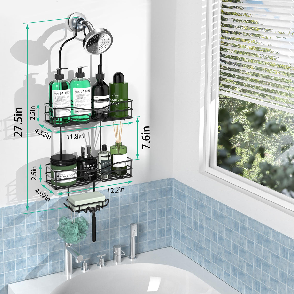 DAOYA Bathroom Shower Caddy Hanging - Shower Organizer Hanging 3-Tier with Soap Holder & 6 Hooks for Towels, Sponge, Shower Caddy over Shower Head Fits 21mm Shower Head Arm, Black DAOYA
