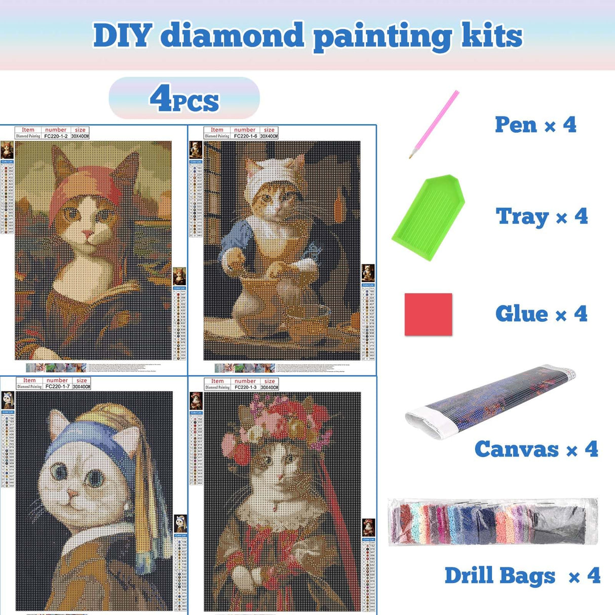 CTEOUNPT 5D Diamond Art Kits for Adults - Funny Cat Diamond Painting Kit, DIY Mosaic Canvas Crafts, Cute Cat Wall Decor for Beginners (4pcs, 11.8 * 15.7in) CTEOUNPT