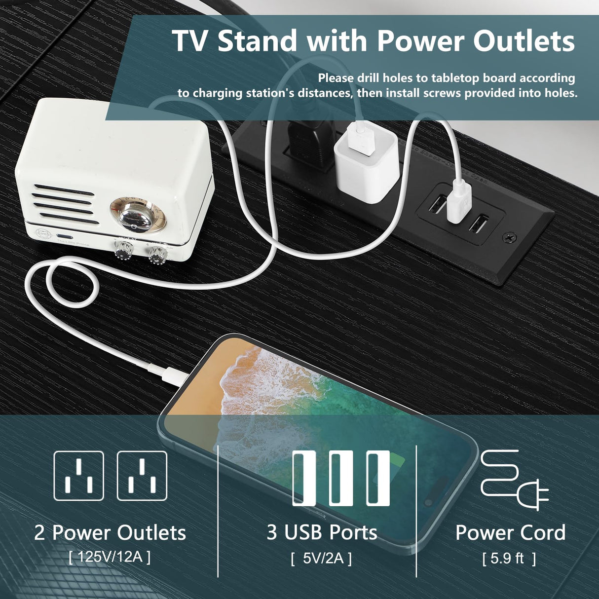 ETELI Floating TV Stand with Power Outlet Wall Mounted Under TV Shelf with Storage Floating Entertainment Center Media Console Table for Living Room Bedroom Office, Black ETELI