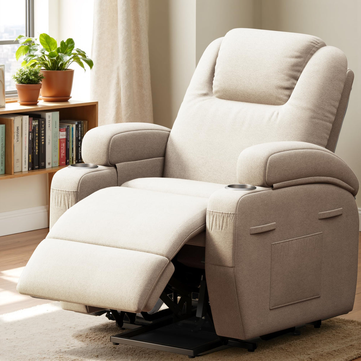 Flamaker Power Lift Recliner Chair with Massage Ergonomic Recliner Chair for Elderly People, Single Sofa with Cup Holders, Side Pockets (Beige) Flamaker