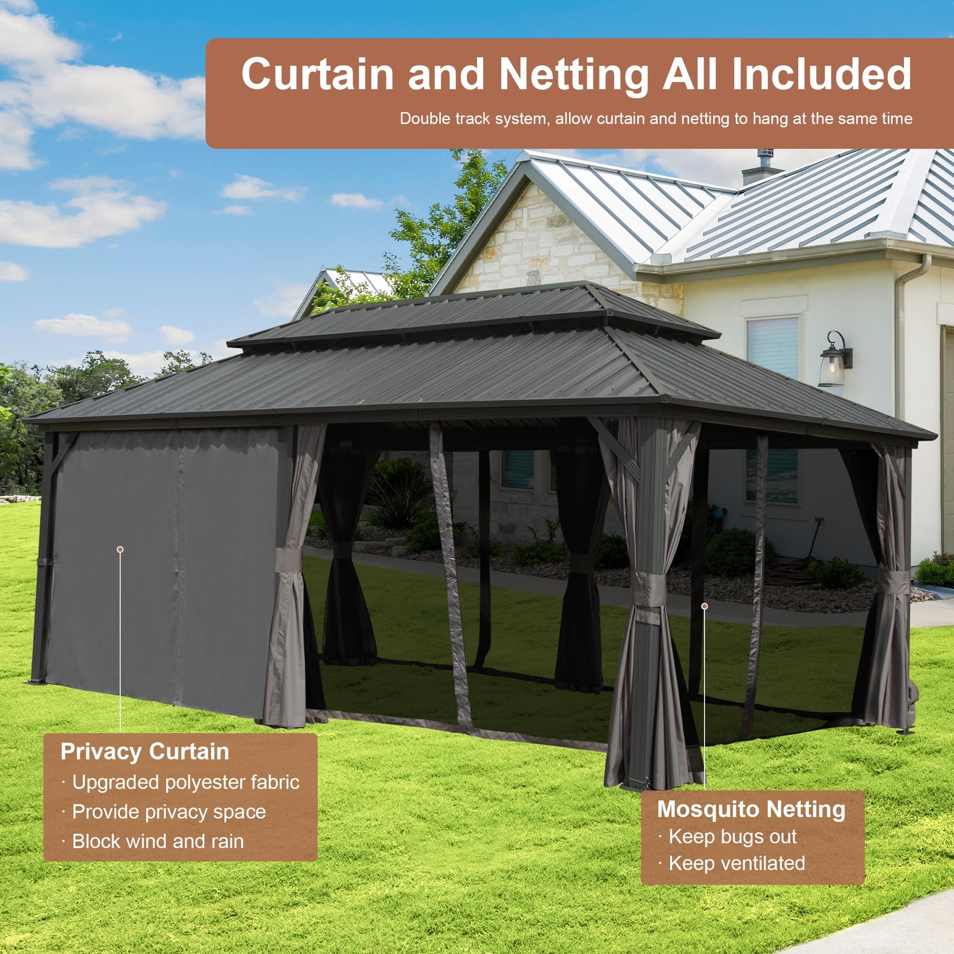 Domi Hardtop Gazebo 12x20FT, Aluminum Outdoor Gazebo with Galvanized Steel Double Roof Canopy, Curtains and Netting Included, Metal Gazebo Permanent Pavilion for Patio, Lawn, Garden, Gray - WoodArtSupply