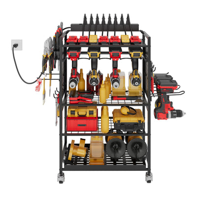 Power Tool Organizer Cart with Charging Station, Garage Rolling Storage with Drill Holder, Utility Rack for Cordless Tools, Battery & Screwdriver Shelf on Wheels, Tool Chest,Gifts for Dad Husband