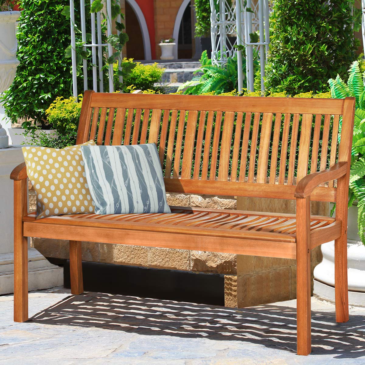 Tangkula Outdoor Wood Bench, Two Person Solid Wood Garden Bench w/Curved Backrest and Wide Armrest, Large Bench for Patio Porch Poolside Balcony, 50" W x 25" D x 36" H (Natural) - WoodArtSupply