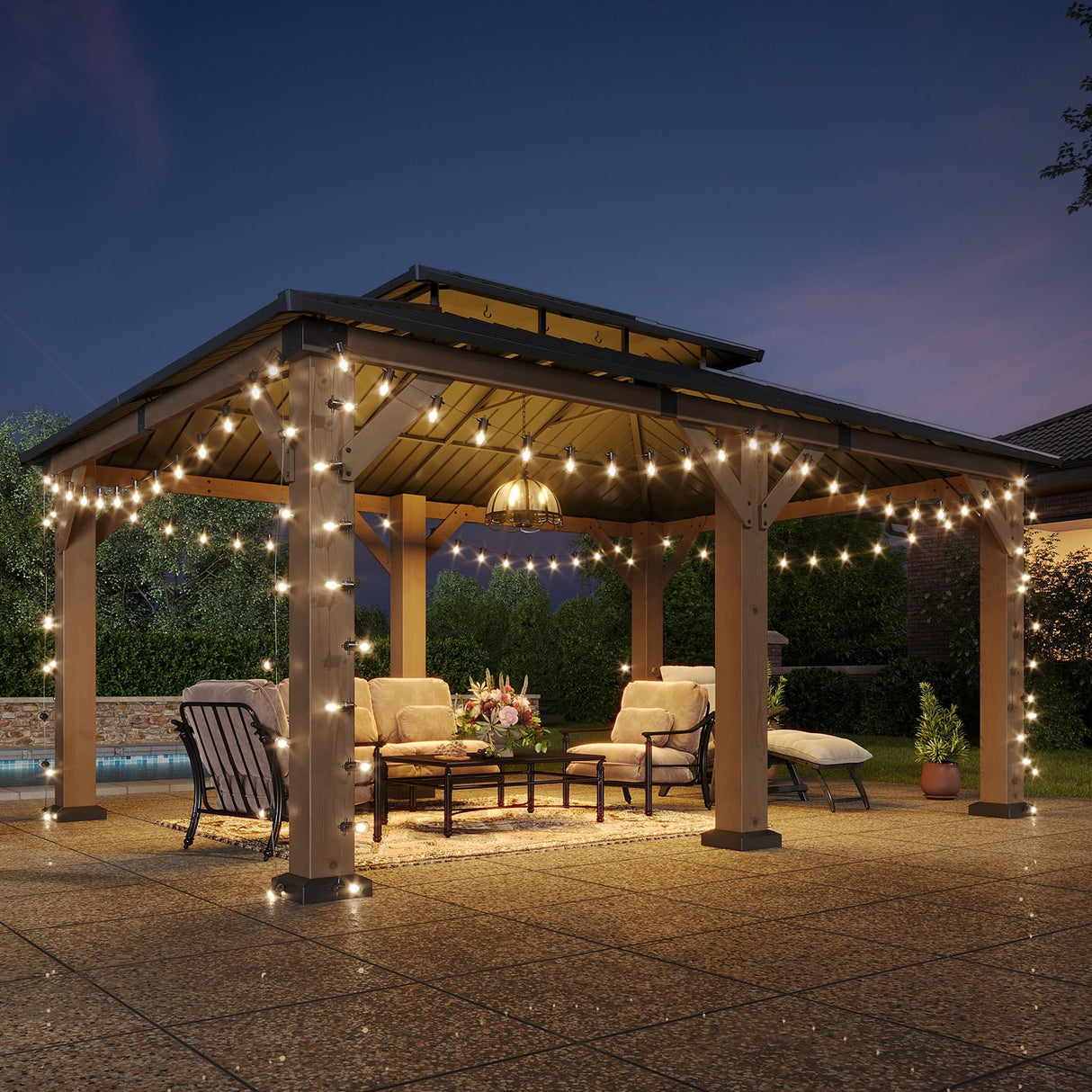 Aoxun 12' x 20' Outdoor Wood Gazebo, Hardtop Gazebo Permanent Wooden Pavilion with Galvanized Steel Double Roof, for Patio, Garden, Backyard, Cedar Wood Aoxun