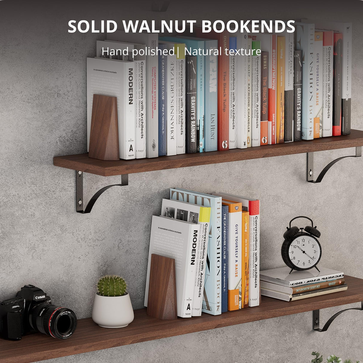 muso wood Book Ends, Handmade Wooden Bookends for Heavy Books, Creative Beveled Bookends for Shelves, Non-Skid Book Ends, Walnut-1Pair muso wood