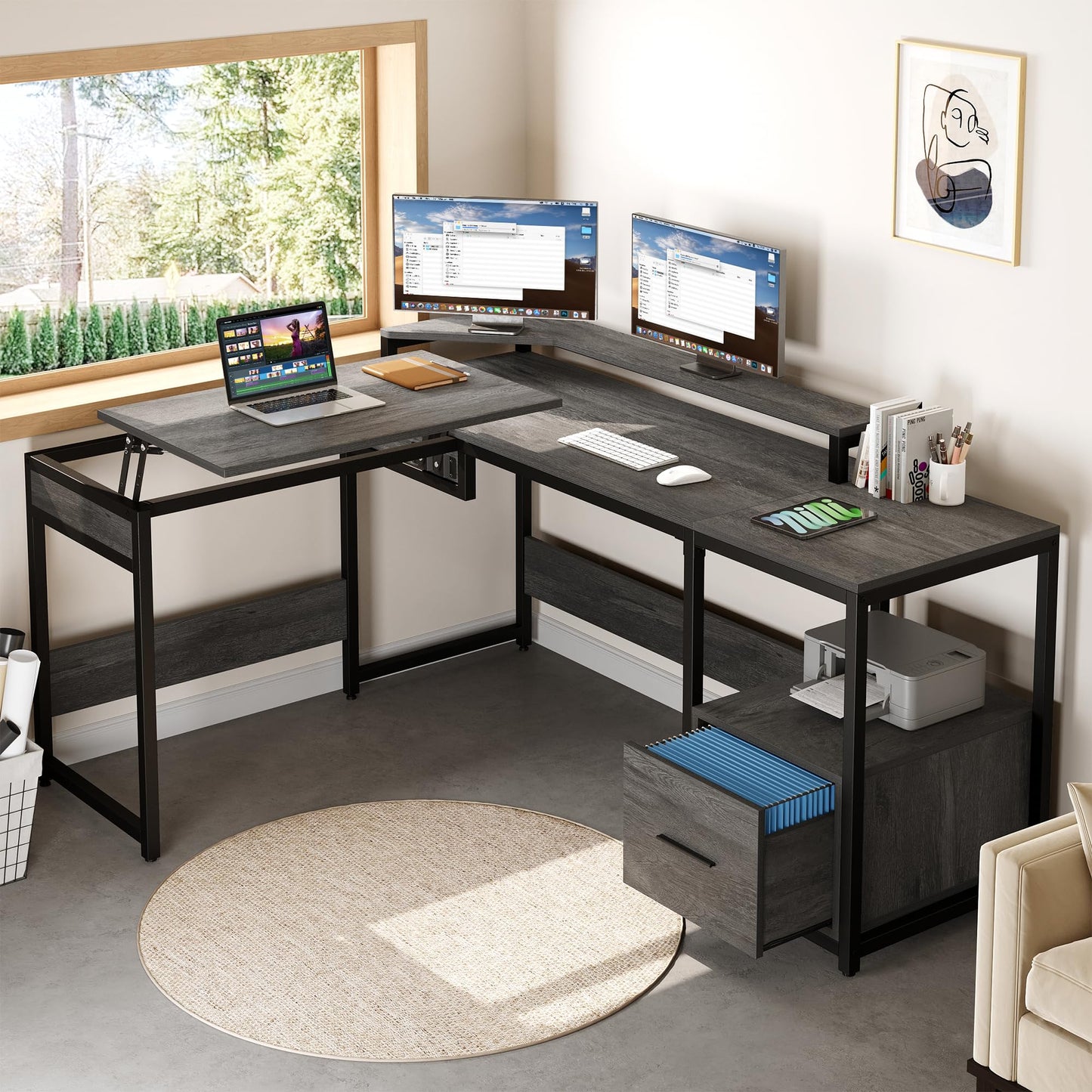 YITAHOME L Shaped Desk with Lift Top, 65" Adjustable Standing Desk with File Drawer, Corner Computer Desk with Storage Shelves,Home Office Desk, Grey