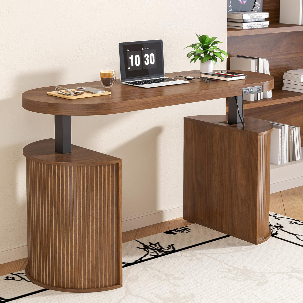 Xyulmeo Mid Century Modern Electric Standing Desk with Storage, 55 x 22 Inch Small Sit Stand Up Desk, Wood Adjustable Height Computer Executive Desk for Home Office, Laptop, Walnut Xyulmeo