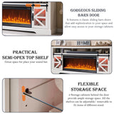 OKD Fireplace TV Stand for 85" TV, 33" Tall Highboy Farmhouse Entertainment Center w/ 42'' Electric Fireplace & LED Light, Rustic Media Console w/Sliding Barn Door for Living Room, Antique White OKD