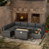 Crownland 8-Piece Outdoor Patio Furniture Sets with 45” Propane Gas Fire Pit Table, All-Weather Black Wicker Rattan Sectional Sofa with Coffee Table(Grey) Crownland