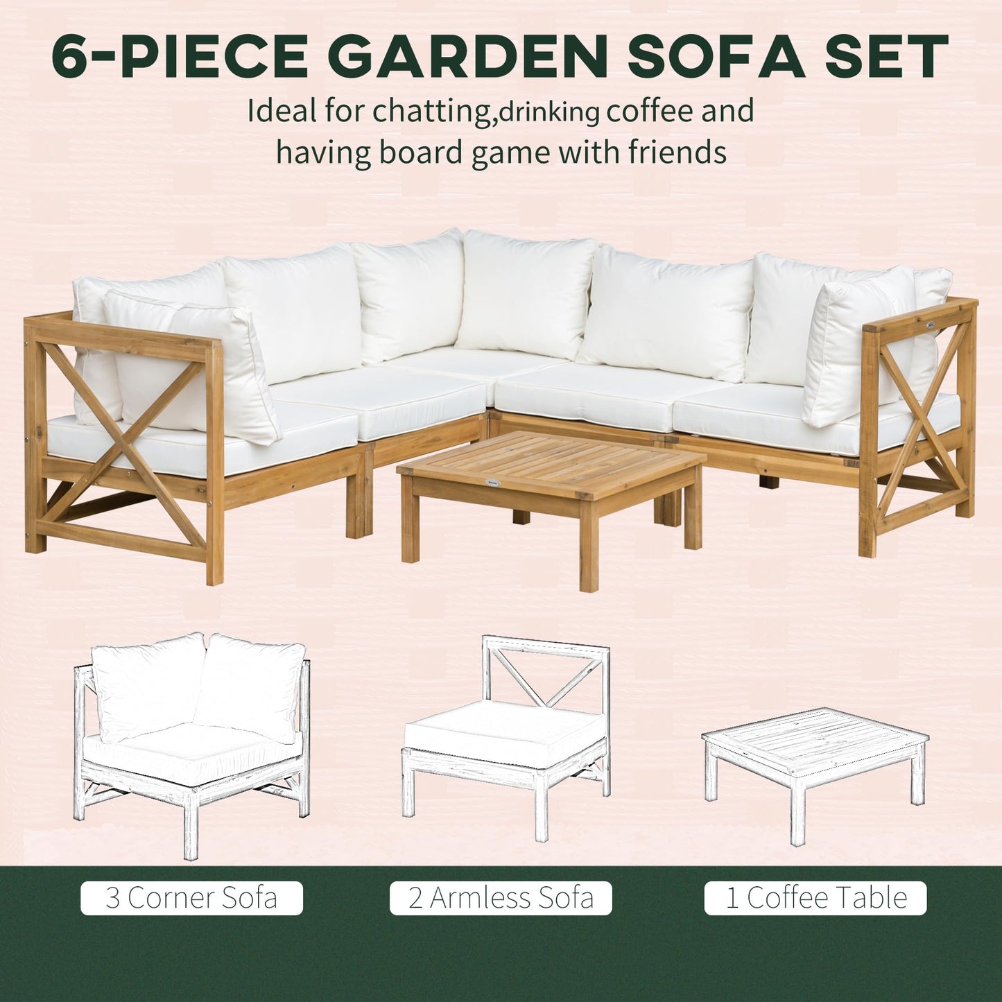 Outsunny 6 Piece Wood Patio Furniture Set, Outdoor Sectional Sofa with Cushions and Coffee Table, Acacia Wood Conversation Set Couch, Cream White - WoodArtSupply