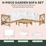 Outsunny 6 Piece Wood Patio Furniture Set, Outdoor Sectional Sofa with Cushions and Coffee Table, Acacia Wood Conversation Set Couch, Cream White Outsunny