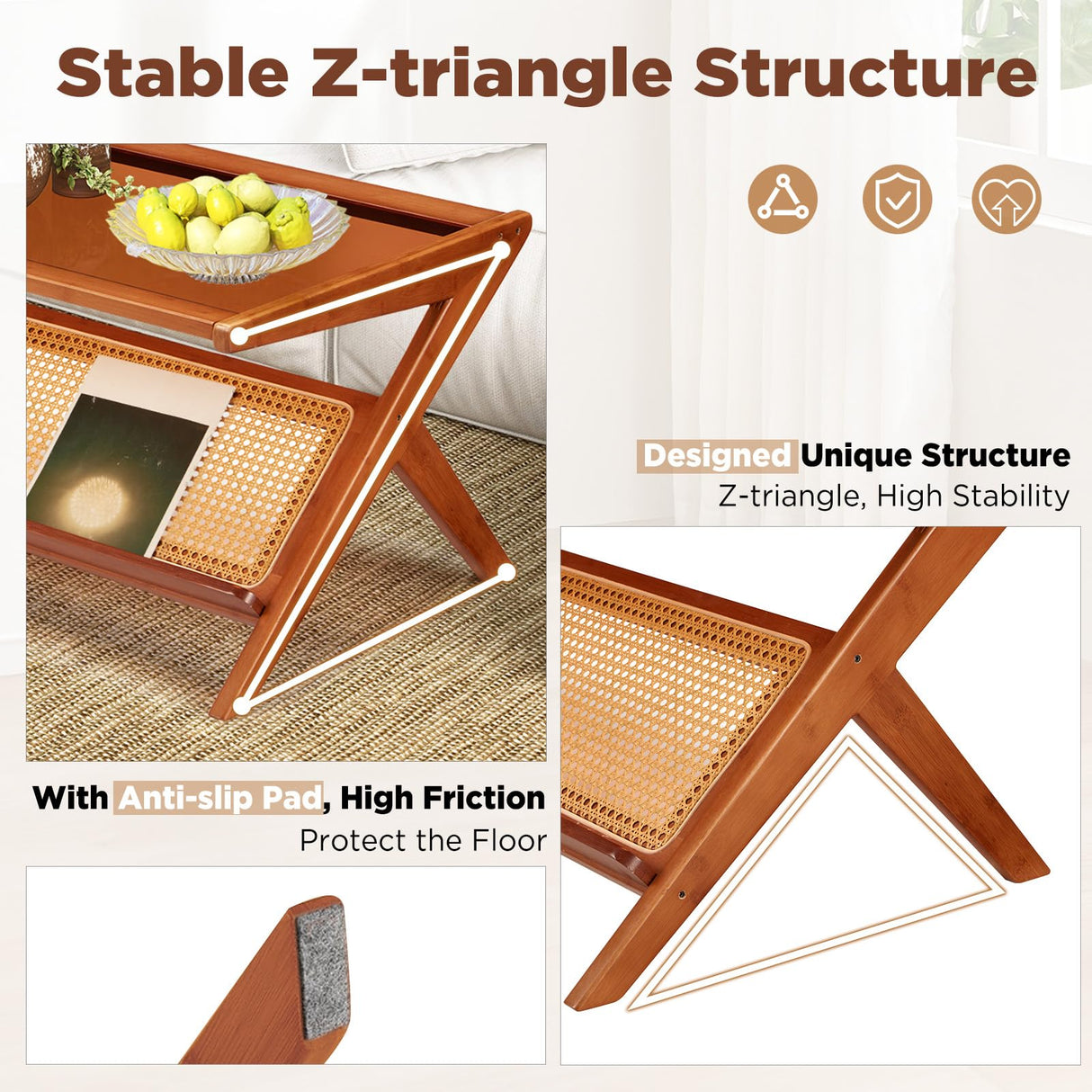 Danrelax 47" Mid-Century Modern Coffee Table with Glass Top, Bamboo Accent Bedside Tables, Glass Nightstand Side Table and Boho Wooden End Table with Storage for Living Room Table Brown Danrelax