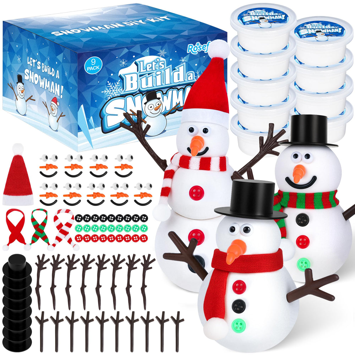 9 Pack Christmas Crafts, DIY Christmas Snowman Clay for Kids, Build Your Snowman Craft Kit, Modeling Clay Snow Man Making Game, Xmas Crafts Presents Winter Christmas Stocking Stuffers RoseFog