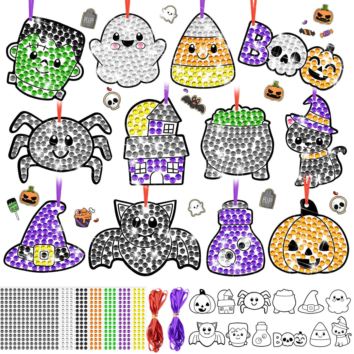 Gersoniel 36 Sets Halloween Window Art Suncatcher Kits, Diamond Art Ornament Kits with Ropes, Gem Suncatcher Fun Gemstone Sun Catcher, Diamond Crafts Gifts Gersoniel