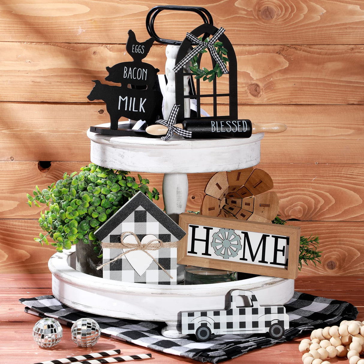 Yulejo 7 Pcs Farmhouse Tiered Tray Decor Buffalo Plaid Rustic Farmhouse Sweet Home Signs Double Printed Artificial Wooden Plant Tiered Tray Decorations for Kitchen Home Table Centerpiece Decor Yulejo